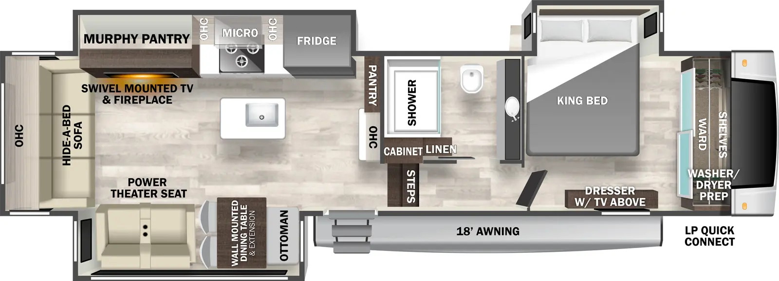 The Cedar Creek Experience 35RL has one entry and three slide outs. Exterior features include: fiberglass exterior and 18' awning. Interiors features include: kitchen island, front bedroom and rear living.